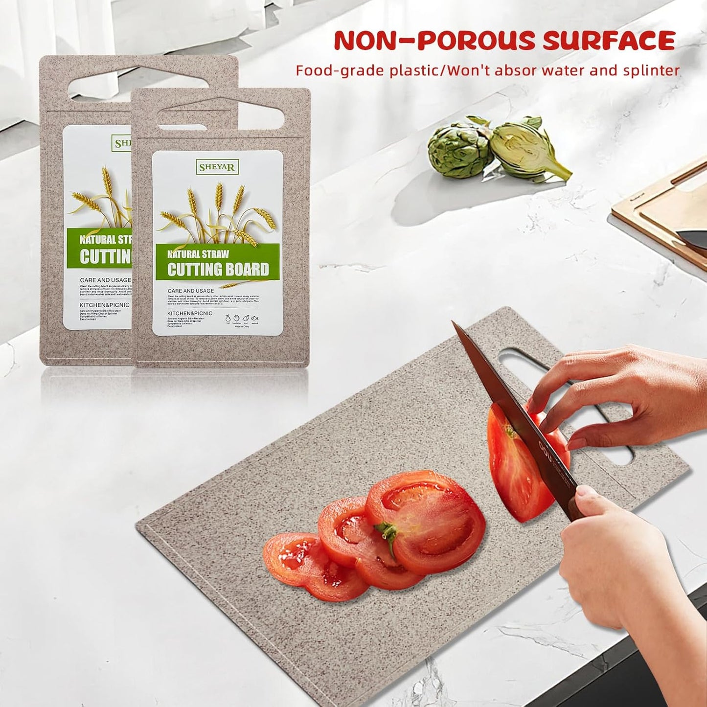 Cutting Board for Kitchen, Wheat Straw Fiber, Dishwasher Safe, Juice Grooves for Meat, Veggies, Easy Grip Handle,