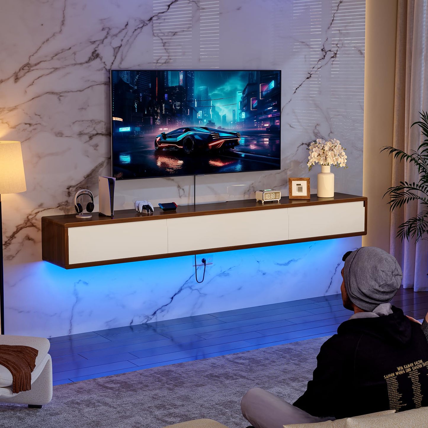FurniNova Fully Assembled Floating TV Stand, Modern Plywood Media Console with 2 Drawers & 1 Flip Door, Wall Mounted Entertainment Center with High Gloss Finish & Round Edges, 55 inch, Walnut & White