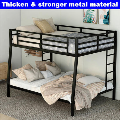 LEEKOUS Upgraded Version Heavy Duty Metal Full XL Over Queen Bunk Bed, Thicken Stronger Steel Full Over Queen Bunk Bed, Queen Size Bunkbed Frame for Adults, Easy Assembly, Black (Full XL Over Queen)