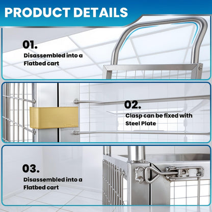 2600LBS Warehouse Cage Cart, Dual Height Handrail Rolling Cage Cart with Ergonomic Pull Handle, Heavy Duty Platform Truck Carts with Cage, Encrypted Mesh Anti-Dropping Guardrail Easy Assembly