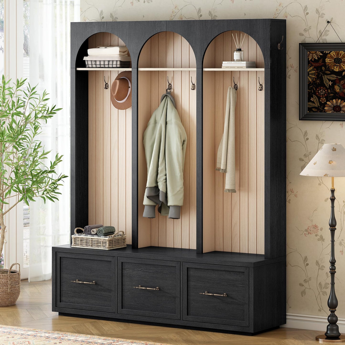 Ball & Cast Farmhouse Hall Tree with Bench, 59" Entryway Storage Bench with Arched Design, 8 Metal Hooks, 3 Drawers Shoe Organizer, Wooden Style Coat Rack for Living Room, Black