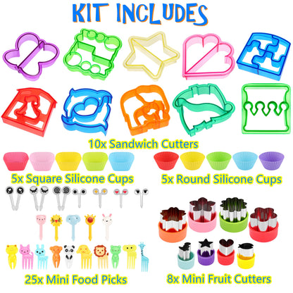 FUNGYAND Sandwich Cutter Set, All in One Bento Box Complete Supplies and Accessories Kit Includes Sandwich Bread Cutters, Fruit Cutter, Animal Food Picks, Silicone Cups
