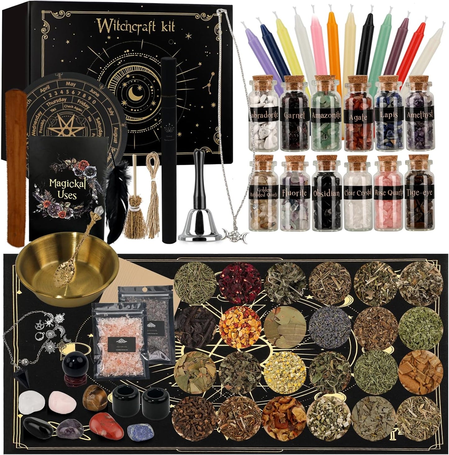 132 Witchcraft Supplies Kit PCS, Wiccan Supplies and Tools, Including Witchcraft Herbs, Spell Candles, Crystals