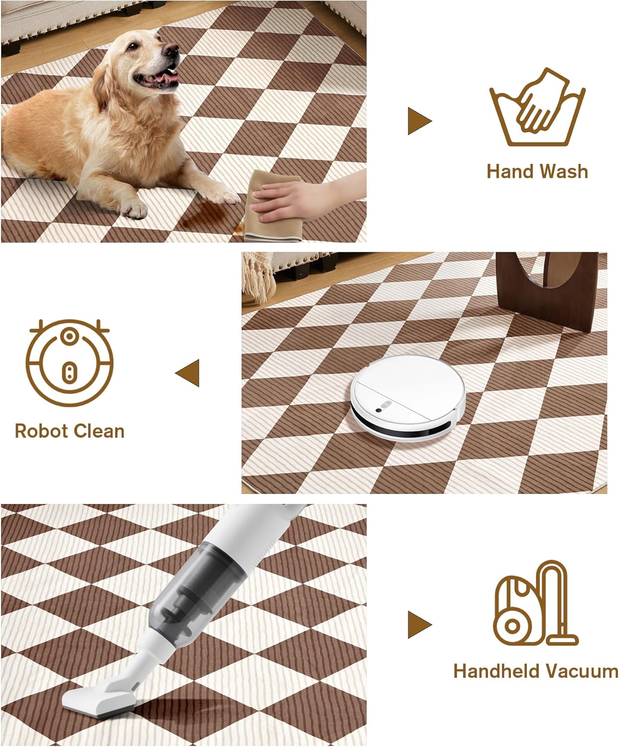 5x7 Washable Checkered Rugs for Bedroom, Brown and White Area Rug for Living Room, Geometric Faux Wool Carpet for Kids