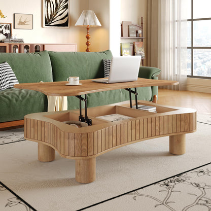 GDFStudio Zurnes Lift Top Coffee Table with Storage, 42" Accent Table for Living Room, Fluted Panel Hidden Storage, Silent Hydraulic Lift, Curved Corners, Easy Assembly, Light Brown