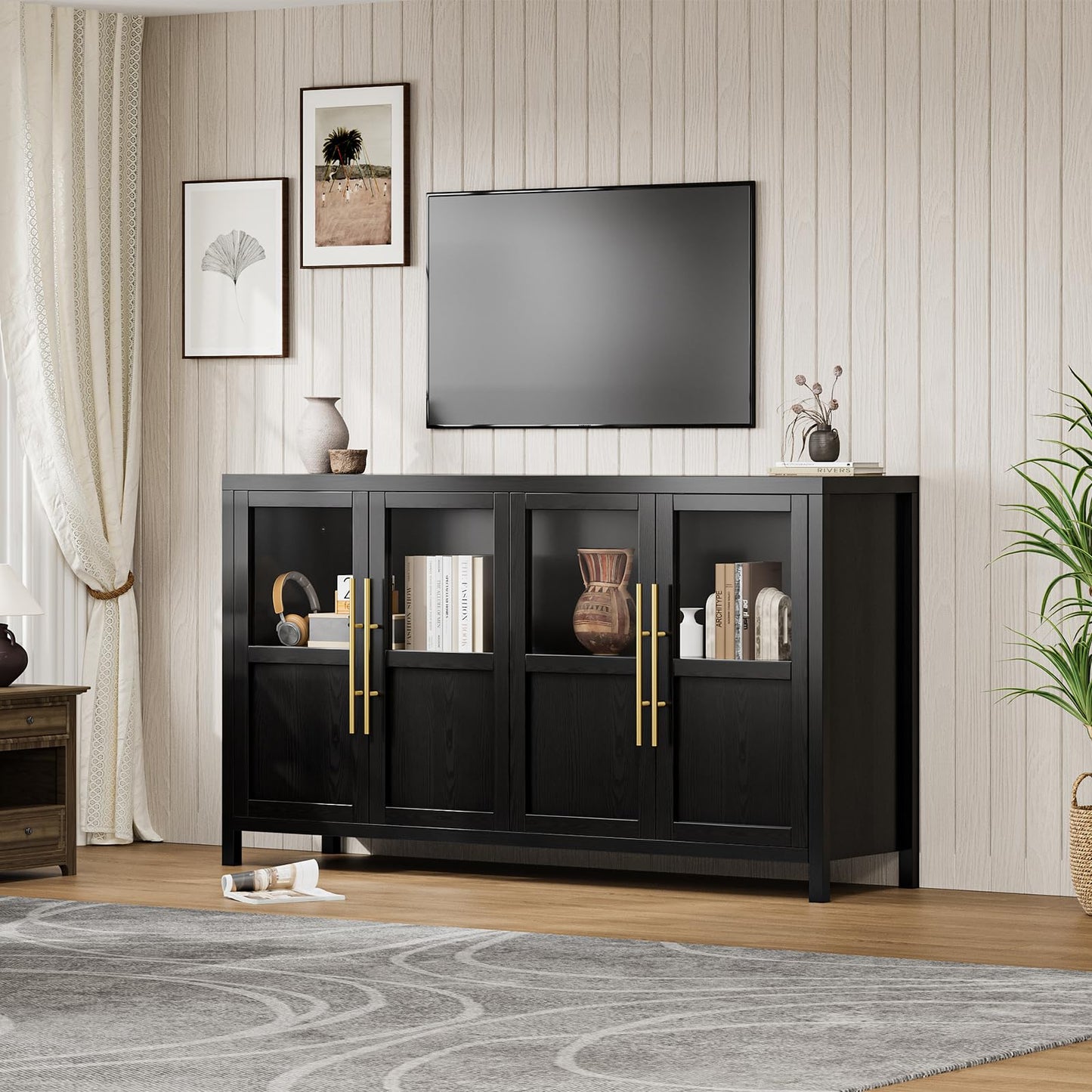 GarveeHome Sideboard Buffet Cabinet with 4 Glass Doors, 55 in Buffet Table Coffee Bar Wine Bar Display Cabinet for Kitchen Dining Room, Living Room (Glass with 4 Doors, Dark)