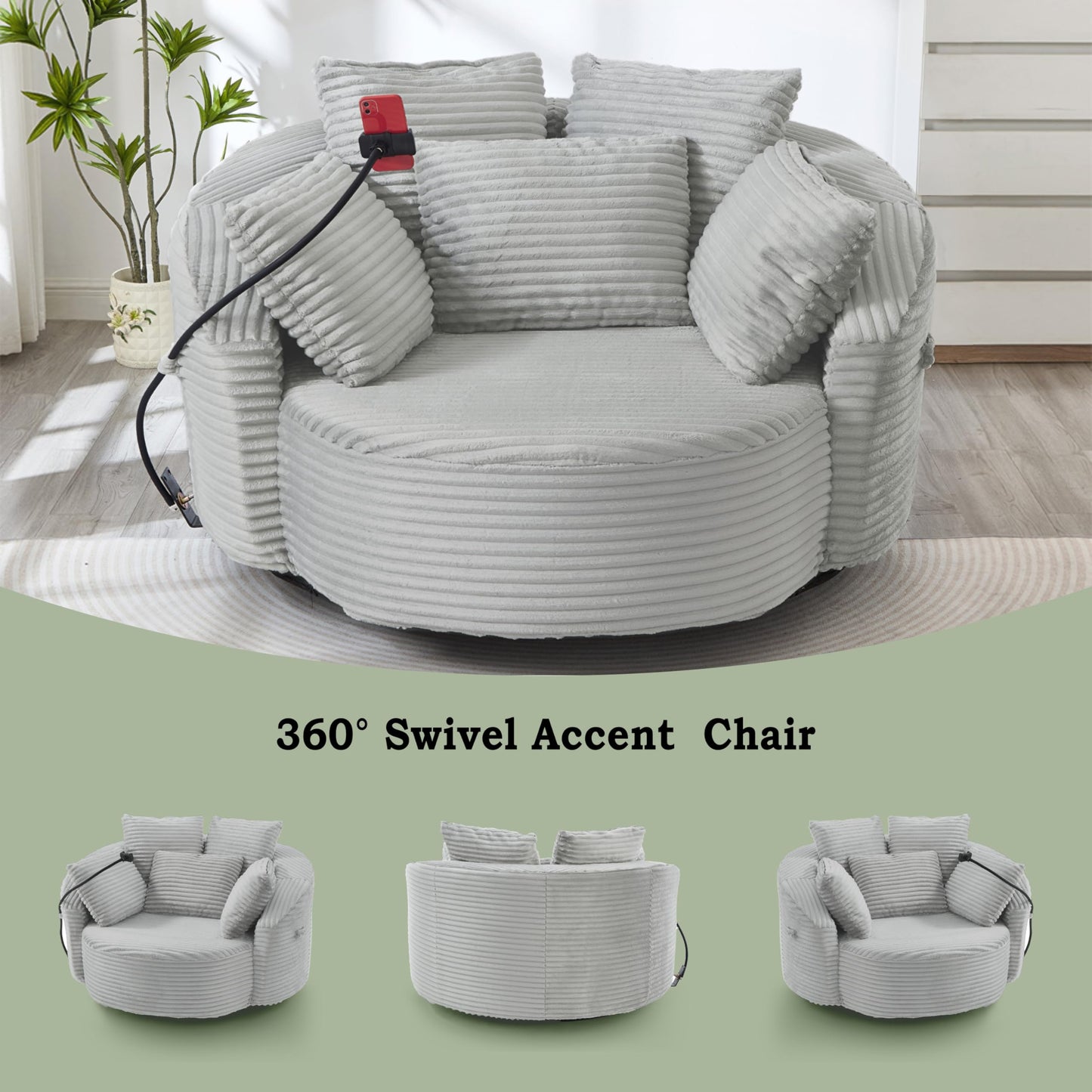 ERYE 360° Swivel Accent Barrel Chair Round Sofa Chaise with 5 Pillows and Adjustable Phone Holder, Modern Round Lazy Armchair for Living Room, Bedroom, Office and Hotel