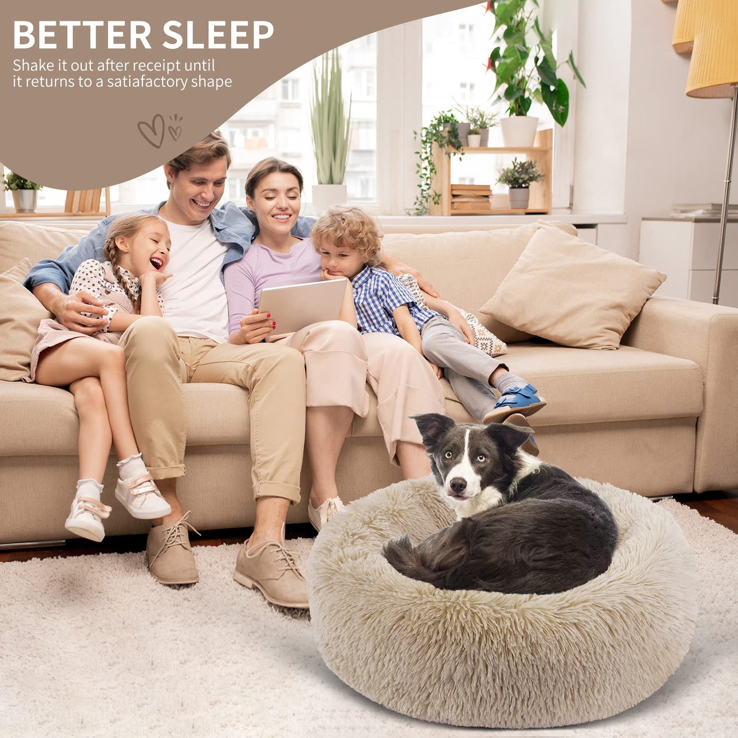 BVAGSS Anxiety Dog Bed, Round Plush Donut Dog Bed Cat Bed Marshmallow Fluffy Cuddler Washable Calming Puppy Bed for Small/Medium Dogs XH034 (Diameter:50cm, Light Brown)