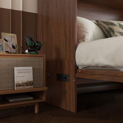 GDFStudio Queen Size Murphy Bed Cabinet with Rattan Panel, Built-in Power Station, Pine Wood Cabinet Bed with Storage Drawer, Foldable Queen Beds for Guest Rooms, Small Spaces, Living Rooms, Walnut