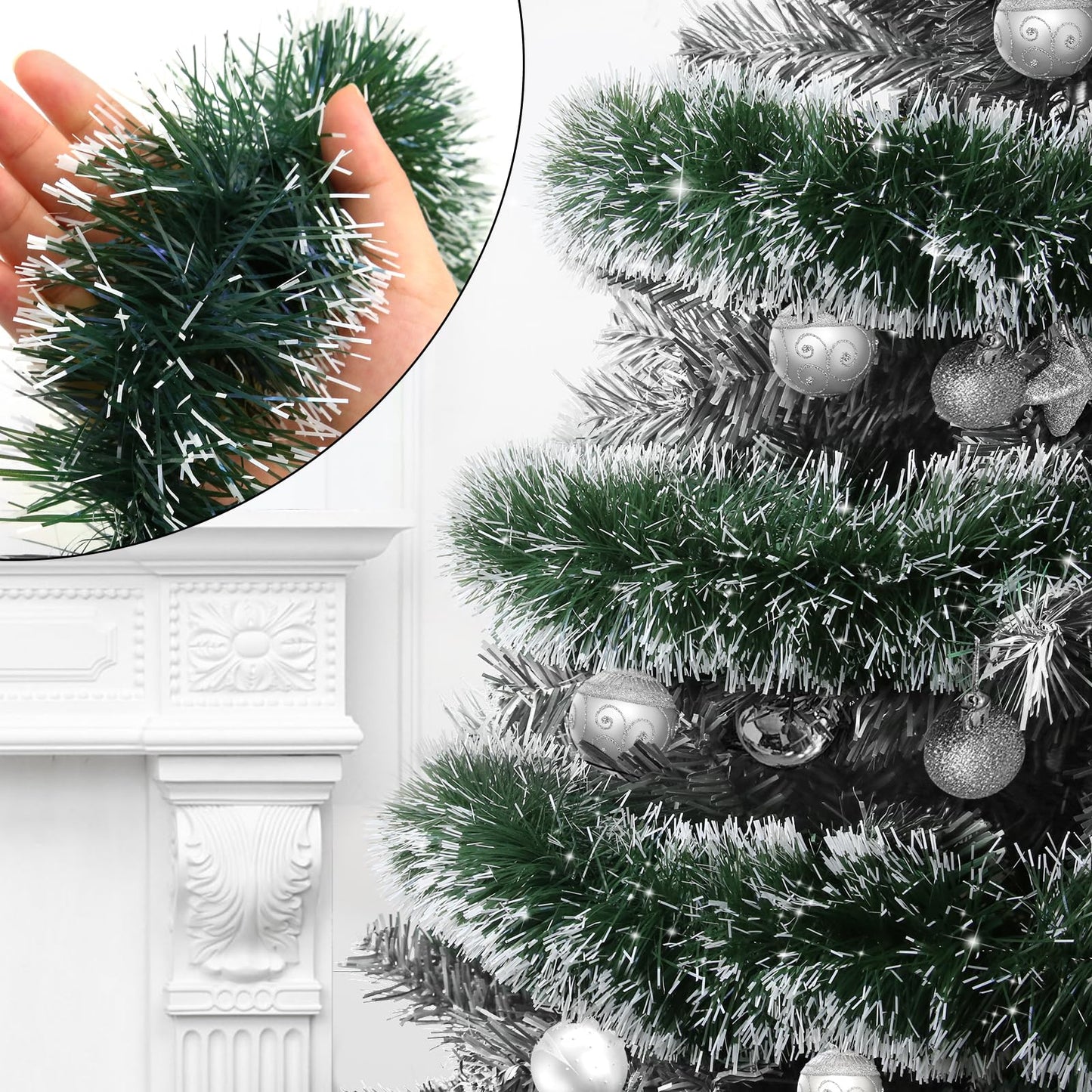 50FT Green Christmas Tinsel Garland Decorations to Christmas Tree, Thick and Thin Metallic Streamers Foil Tinsel Twist Garland Decor for Home Indoor Outdoor Party Supplies