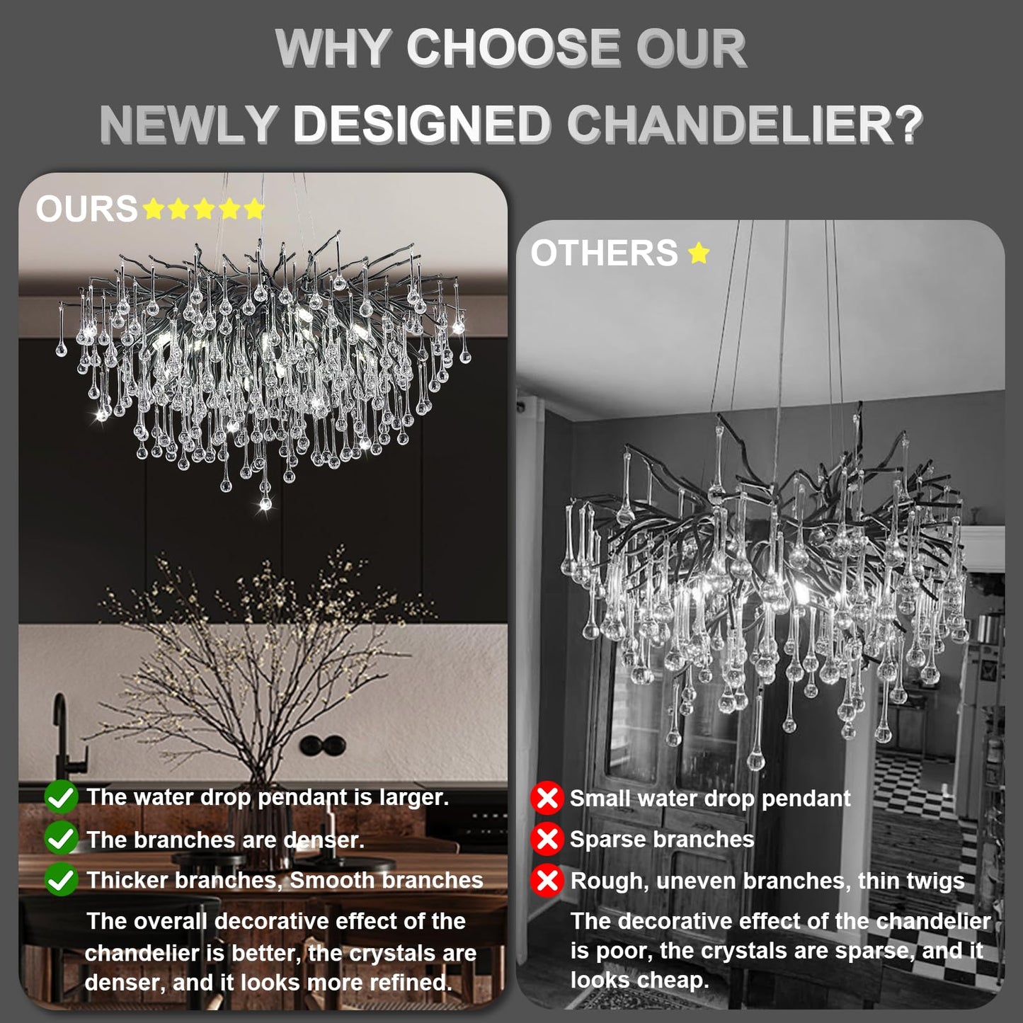 NIUZDU Chandeliers for Dining Room - 23.6" Modern Black Crystal Chandelier, Round Tree Branch Raindrop Chandelier, Foyer Chandeliers for Entryway, Living Room,Bedrooms,Bathroom(Bulb not Included)