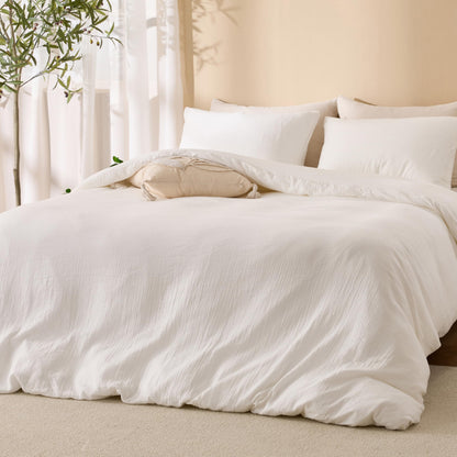 RENEWROOTS Off White Duvet Cover Queen Size, 100% Sandwashed Cotton Soft Queen Duvet Cover Set 3 Pieces with Zipper Clousre & Corner Buttons (Off White, Queen 90 x 90)
