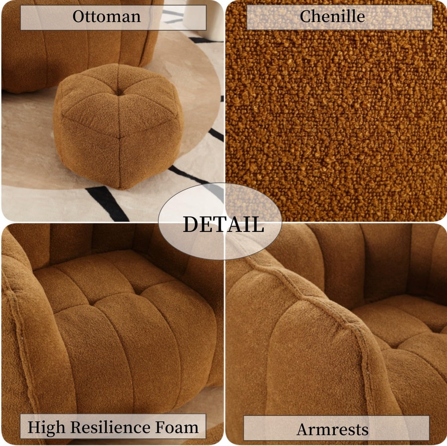 KEIKI Chenille Giant Bean Bag Sleeper Chair with Ottoman, Adults and Kids Lazy Floor Sofa Couch, High Resilient Foam Comfy Reading Chaise Lounge Recliner for Living Room Bedroom, Khaki