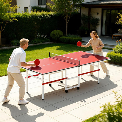 8FT Table Tennis Table with Net, Indoor/Outdoor Professional Ping Pong Table for Kids Adults, Folding Ping Pong Table, Complete Set with Paddles and Balls, School Playground Game Table (Red)