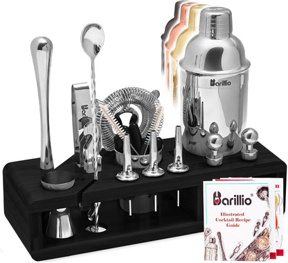 Barillio Silver Bartender Kit - Stainless-Steel Cocktail Shaker Set with Black Bamboo Stand - 23-Pc Mixology Bar Tools