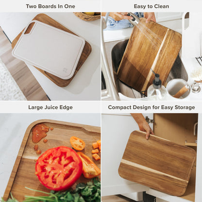 KitchenEdge Premium Acacia Cutting Board with Nesting Rice Fiber Chopping Board for Cooking Prep, 2 Piece Kitchen Set, Non-Slip Feet with Juice Groove, Heavy Duty, Pre Oiled, 17” x 12.5”