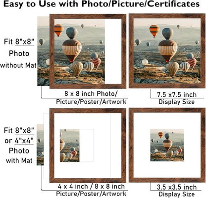 JCJMY 8x8 Picture Frame Set of 6 - Versatile Wall Hanging & Tabletop Display, Deep Brown Wood Finish