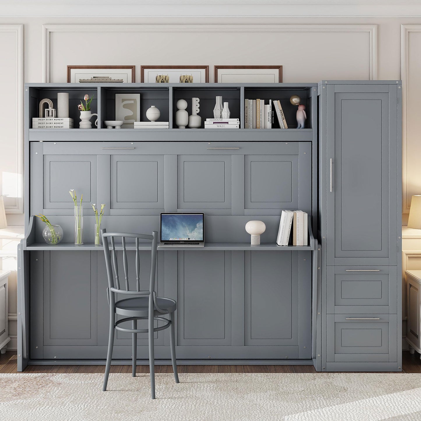 Merax Full Size Murphy Bed, Wall with Closet and Drawers, Storage Space Saving Muti-Functional Beds Frame for Home Office Guest Room, Gray