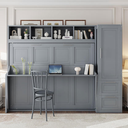 Merax Full Size Murphy Bed, Wall with Closet and Drawers, Storage Space Saving Muti-Functional Beds Frame for Home Office Guest Room, Gray