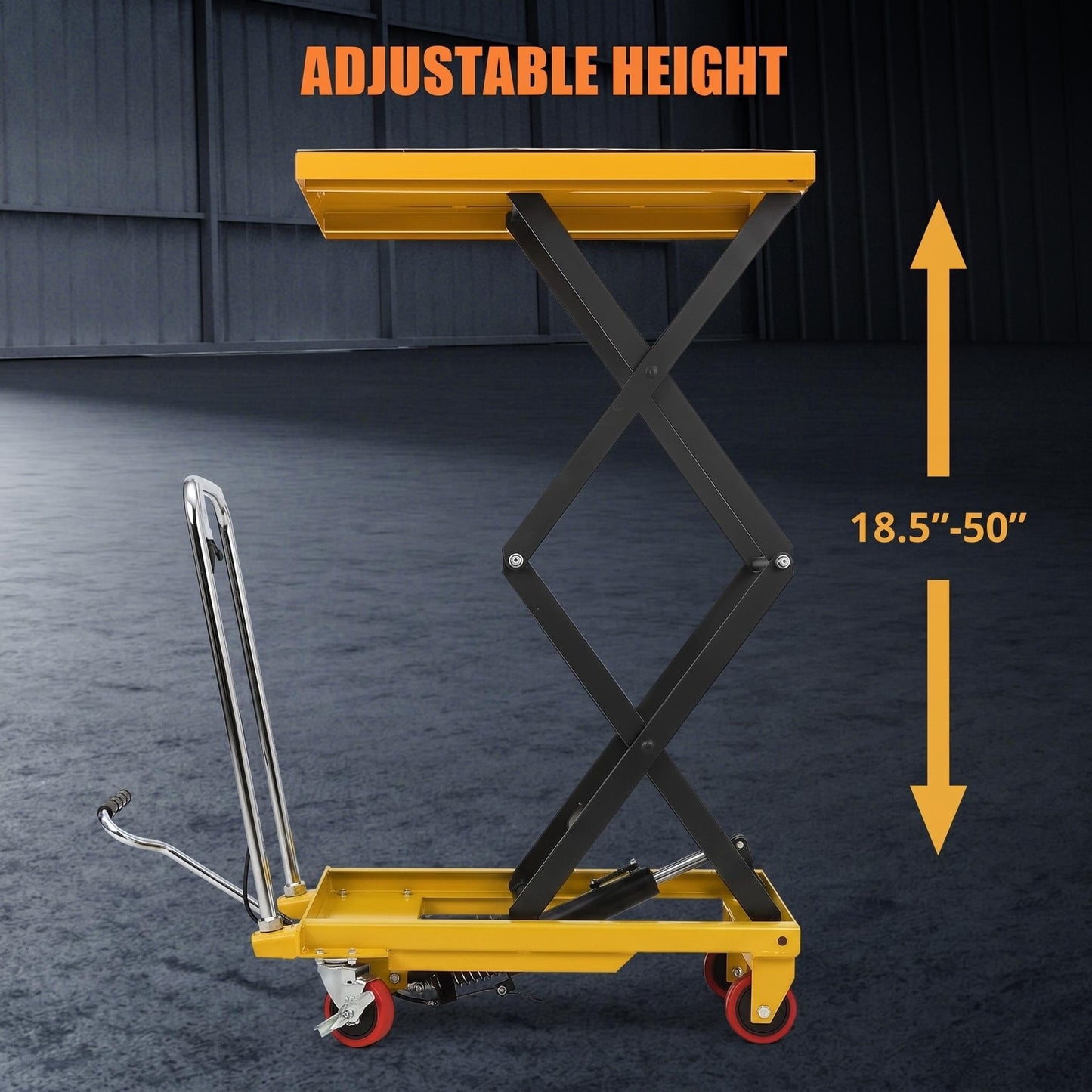 Heavy Duty Hydraulic Lift Cart, 330 LBS Capacity, 50" Lifting Height, Double Scissor Structure, Non-Slip Platform and Swivel Casters, Rolling Lift Table for Workshop Warehouse Industrial Use, Yellow