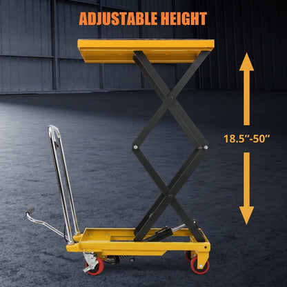 Heavy Duty Hydraulic Lift Cart, 330 LBS Capacity, 50" Lifting Height, Double Scissor Structure, Non-Slip Platform and Swivel Casters, Rolling Lift Table for Workshop Warehouse Industrial Use, Yellow