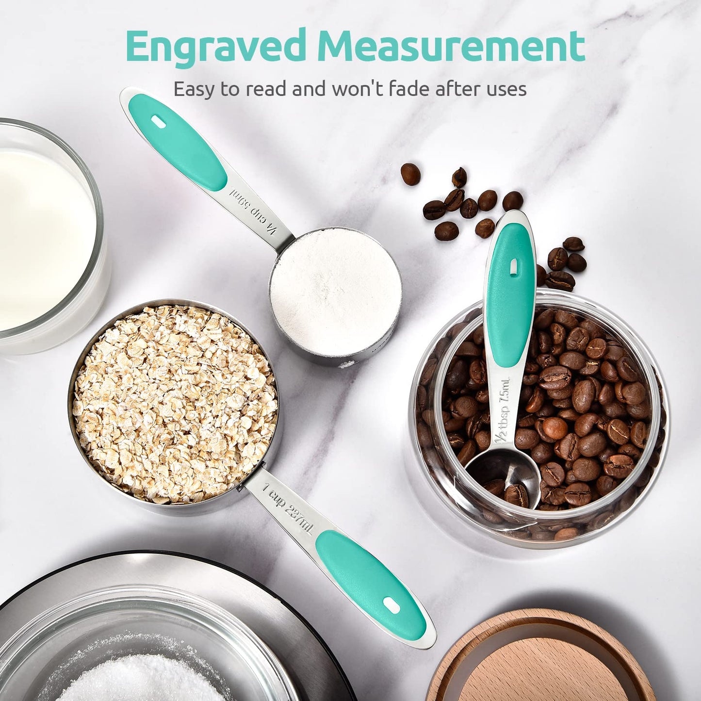 Measuring Cups and Spoons Set: U-Taste 18/8 Stainless Steel 12 Pieces Metal Stacking Kitchen Baking Cooking Food Measure Set 7 Cups 5 Spoons with Strengthened Weld Joints (Aqua Sky)