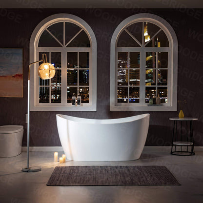 WOODBRIDGE 59" Acrylic Freestanding Bathtub Contemporary Soaking White Tub with Matte Black Overflow and Drain，BTA1516 -MB-Drain &O+ Pillow