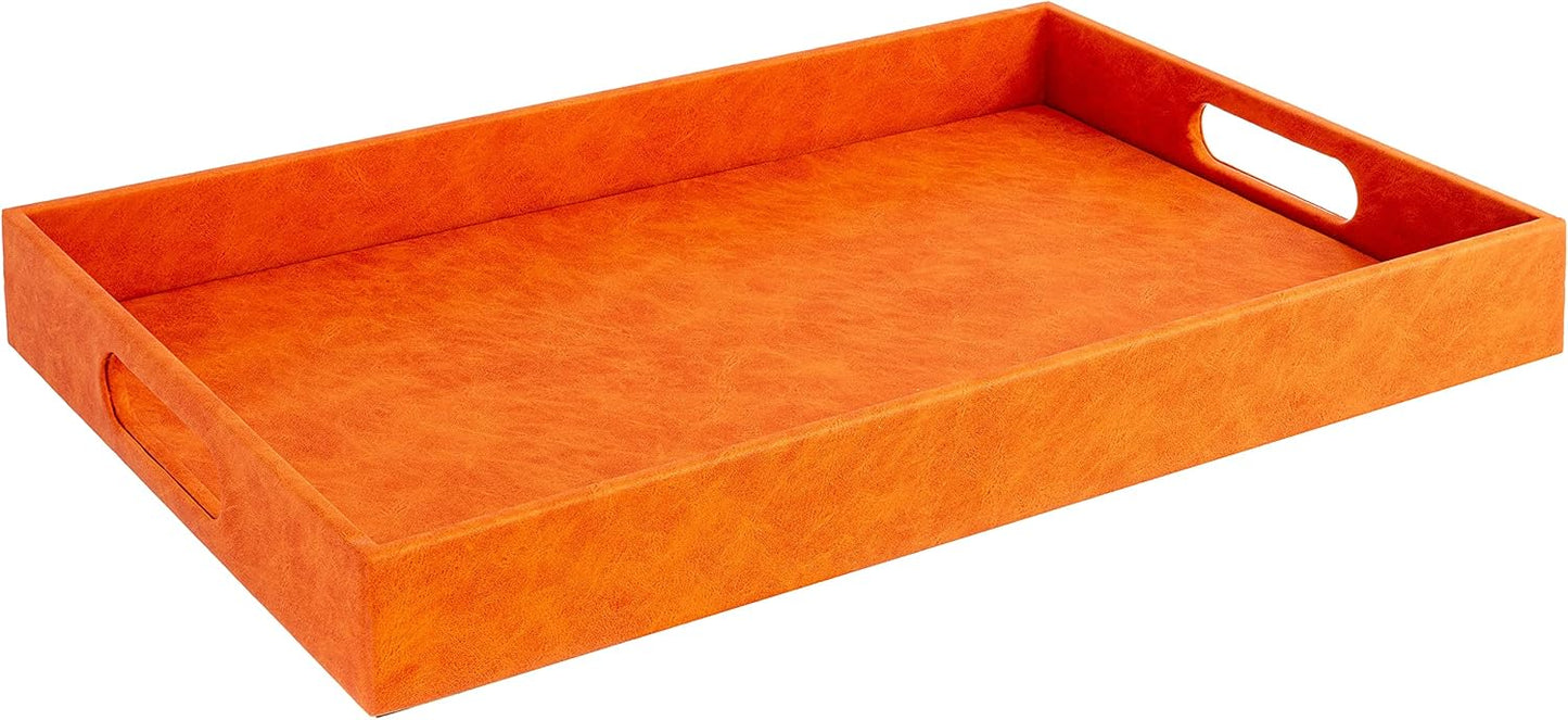 17.5"x12" Home Redefined Beautiful Modern Elegant Rectangle Orange Faux Leather Decorative Tray Ottoman Coffee Table