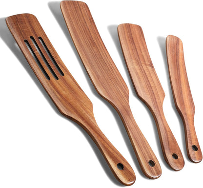 Skiennix Spurtle Set - Natural Acacia Wooden Kitchen Utensils for Cooking & Serving | Set of 4