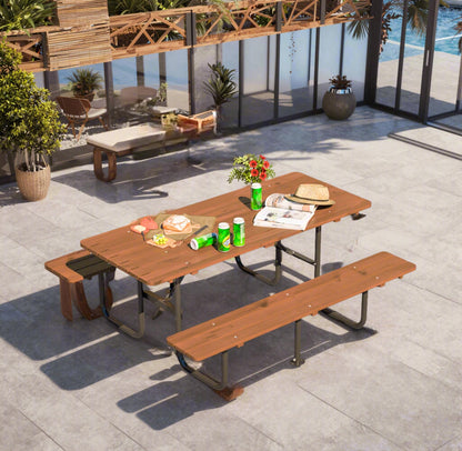 72" Rectangular Outdoor Picnic Table for 6 Person,Heavy Duty Wooden Dining Set with Built-in Benches,Metal Legs,1.97" Umbrella Hole,Waterproof&Corrosion-Resistant,Ideal for Garden, Backyard,Brown