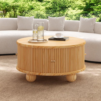 Merax Modern Round Fluted Coffee Table with Storage & Sliding Door – 31.8" Solid Pine Wood Center Table – Living Room Cocktail Table with Hidden Compartment, Natural