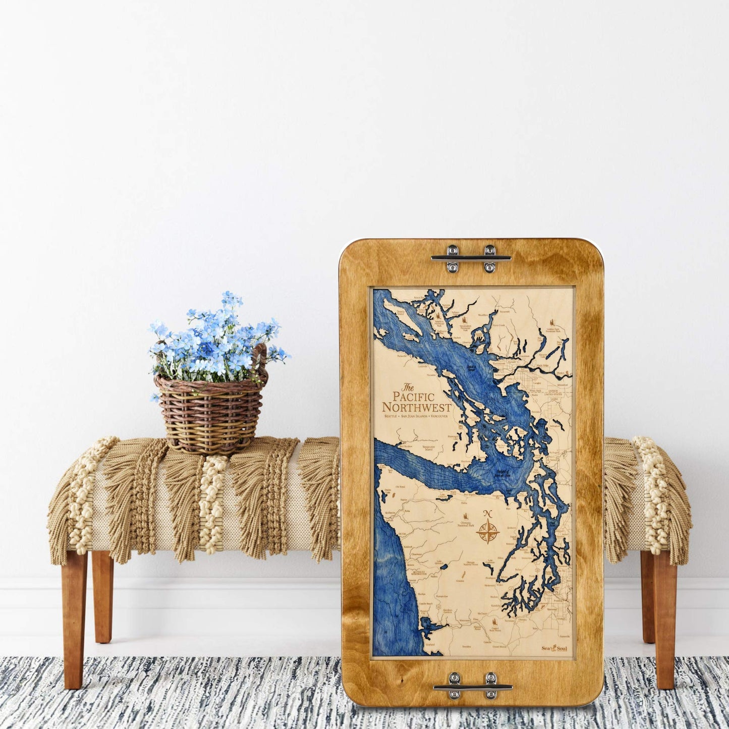 Sea & Soul Pacific Northwest Nautical Chart Art Serving Tray, Made in the USA, 3-D Nautical Wood Chart, 3D Wood Maps, Lake Art, Nautical Gift, 13.5"x 24" Serving Platter (Distressed Coffee/Deep Blue)