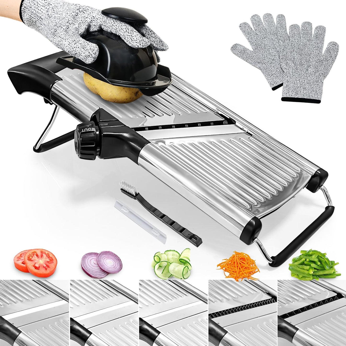 Mandoline Slicer, Mandoline Food Slicer for Kitchen, Mandolin, Vegetable Chopper, Veggie Slicer, Adjustable Stainless Steel Veggie Onion Tomato Julienne Cutter with 1 Pair Cut-Resistant Gloves