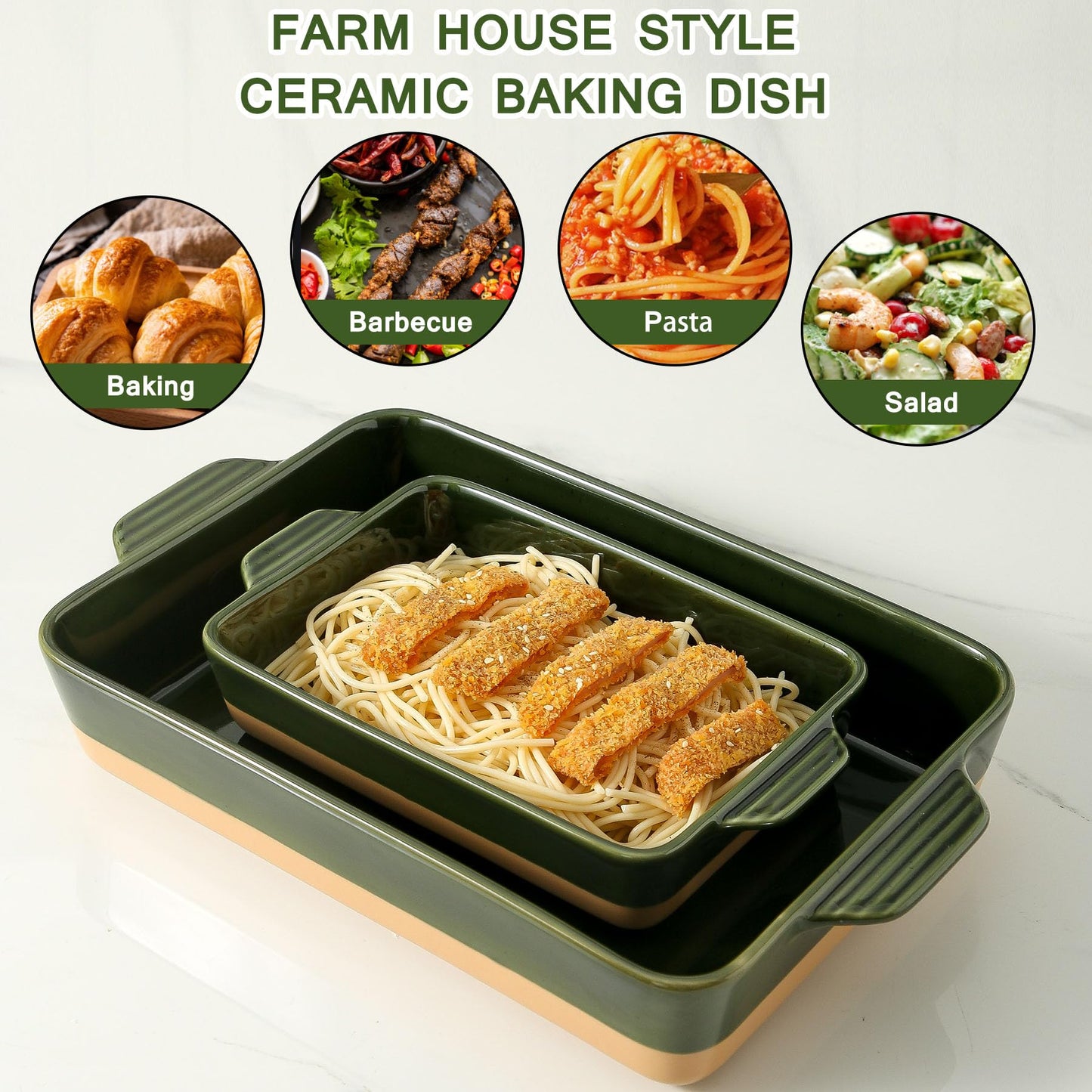 Howise Ceramic Baking Casserole Dish with Handles, Large 9x13 inch Pan and Middle Baking Pan - Porcelain Serving Bakeware Set (Forest Green)