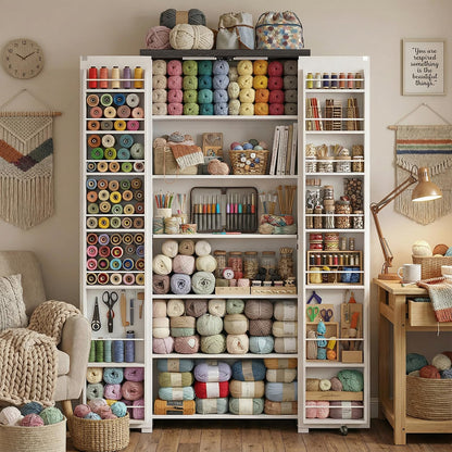 Furnivio Craft Cabinet with Storage - 71" Sewing Cabinet with LED Lights, Adjustable Shelves, Hobby Storage Cabinet for Craft Room, Food Pantry Cabinet for Kitchen, Dinning Room or Living Room