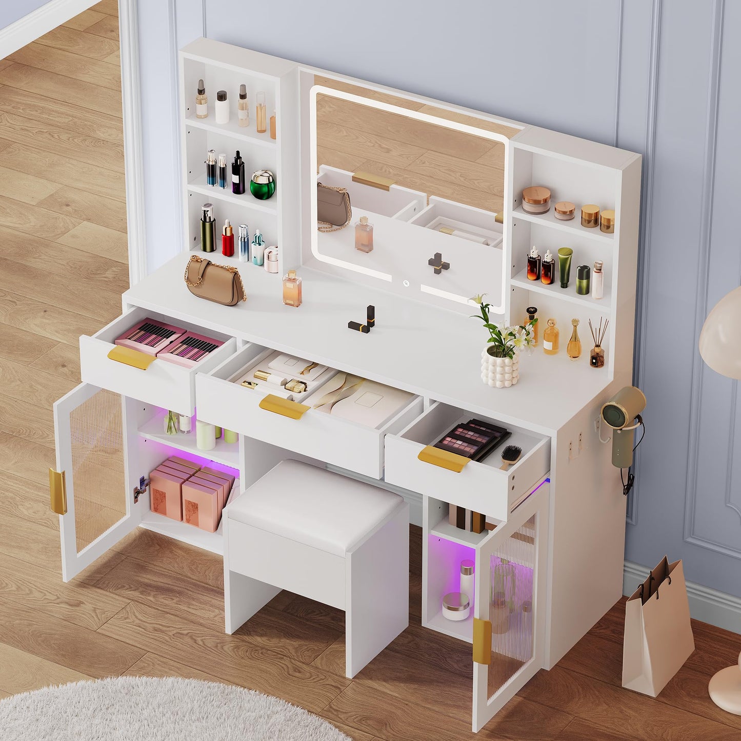 DWVO 56.3" Makeup Vanity with LED Lighted Mirror, Large Vanity Desk with RGB Glass Cabinets, Open Shelving, Built-in Power Strip & Cushioned Stool