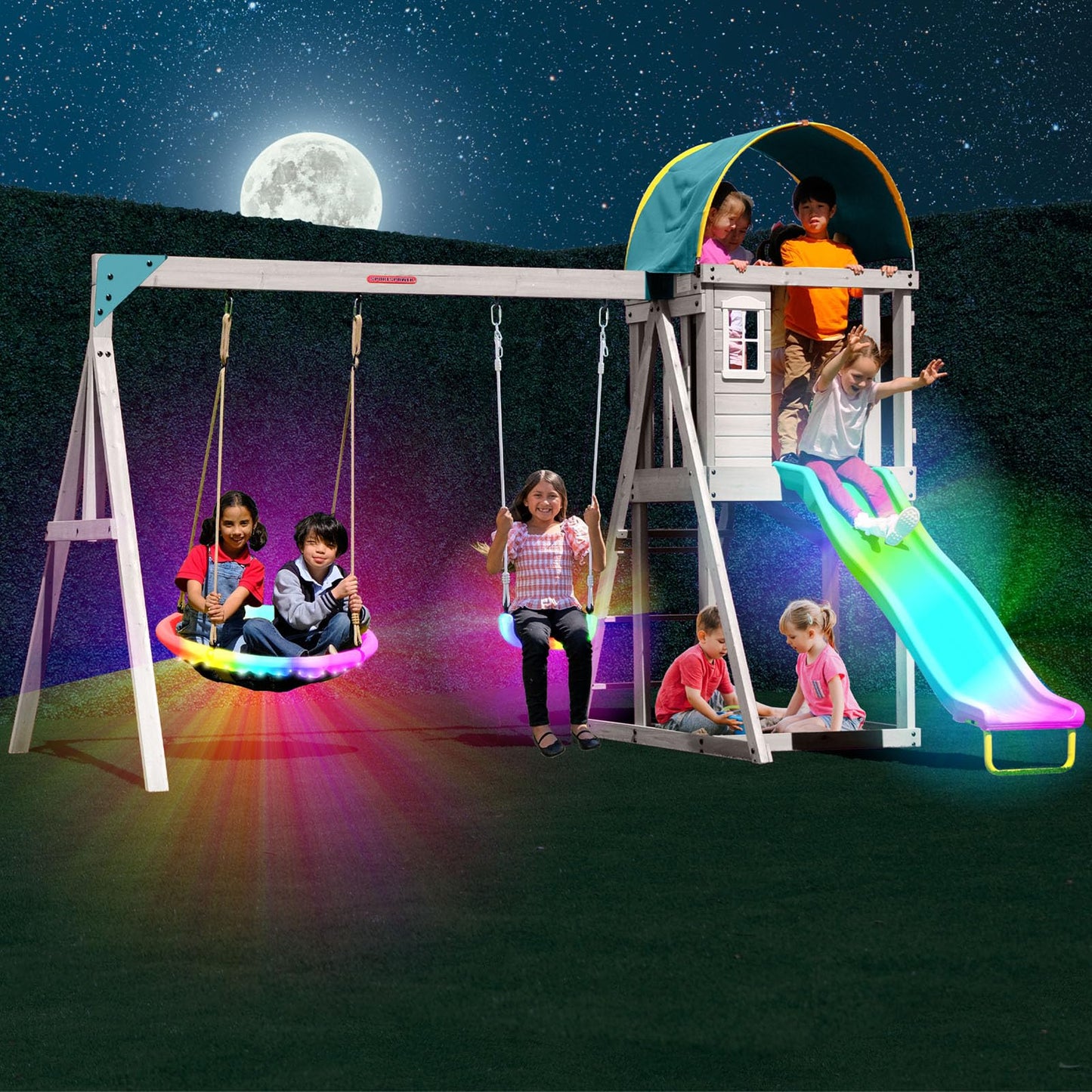 Sportspower Amelia Galaxy Cedar Wooden Swing Set for Night Play with 2 LED Swings, Play Fort with Sandbox, Heavy Duty Double A-Frame, on 6ft LED Slide, Bonus Anchor Kit