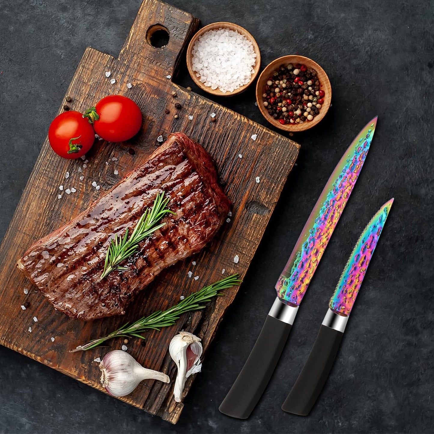Rainbow Titanium Knife Set, Sharp Stainless Steel Knives with Acrylic Block, 6 Steak Knives, Chef Quality