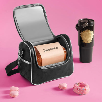 Juicy Couture Insulated Lunch Bag – Stylish Cooler Tote with Adjustable Crossbody Strap, Debossed Logo, Black – Women's Lunch Box Bag for Work, School, Travel