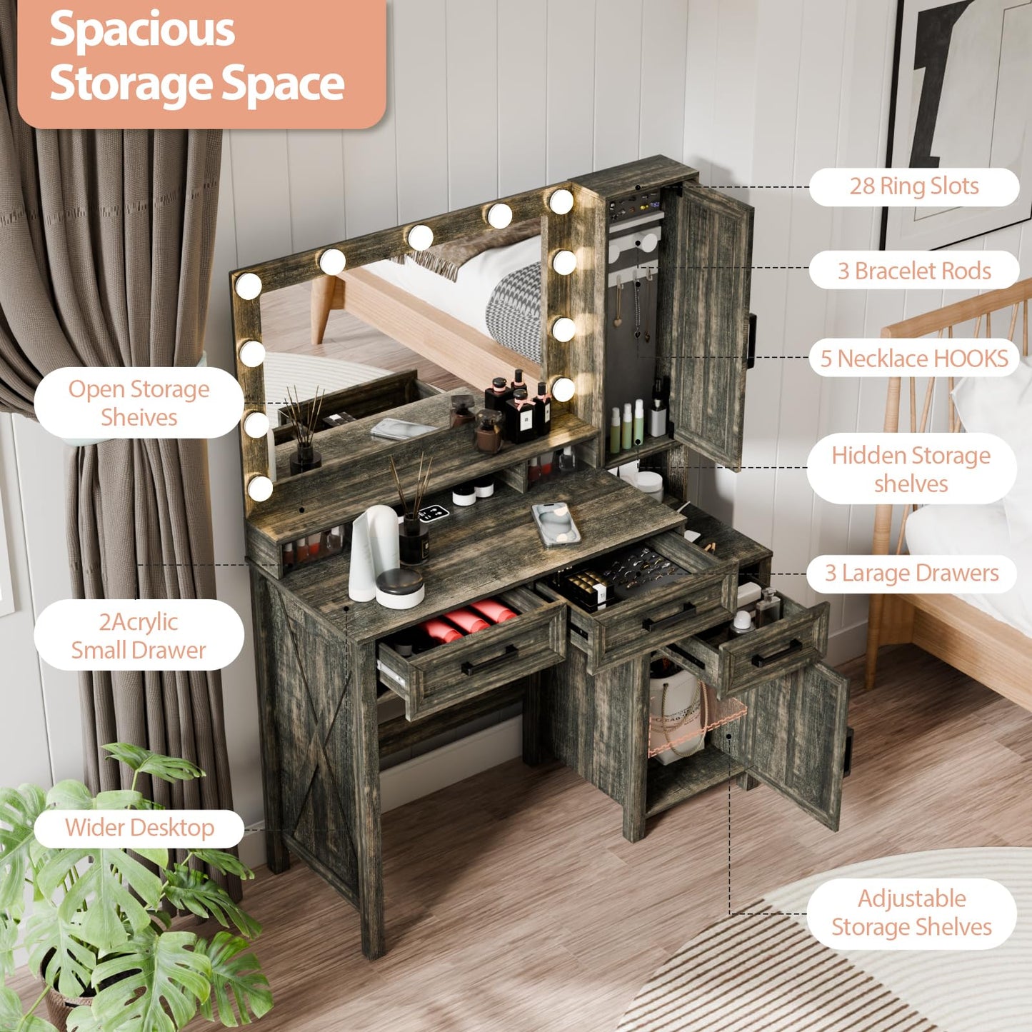 Trygoal Farmhouse Makeup Vanity with Motion Sensor Lights, Rustic Brown Vanity Desk with Mirror, Built-in Charging Station, Wood Dressing Table with 2 Drawers & Acrylic Organizers, 43.3" W
