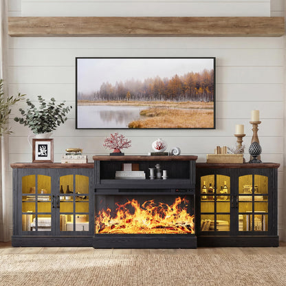 97" Farmhouse Fireplace TV Stand for TVs Up to 100", Entertainment Center with 36" 3-Sided Glass Electric Fireplace, 12 Flame Colors & LED Light Modes, Media Console for Living Room, Black