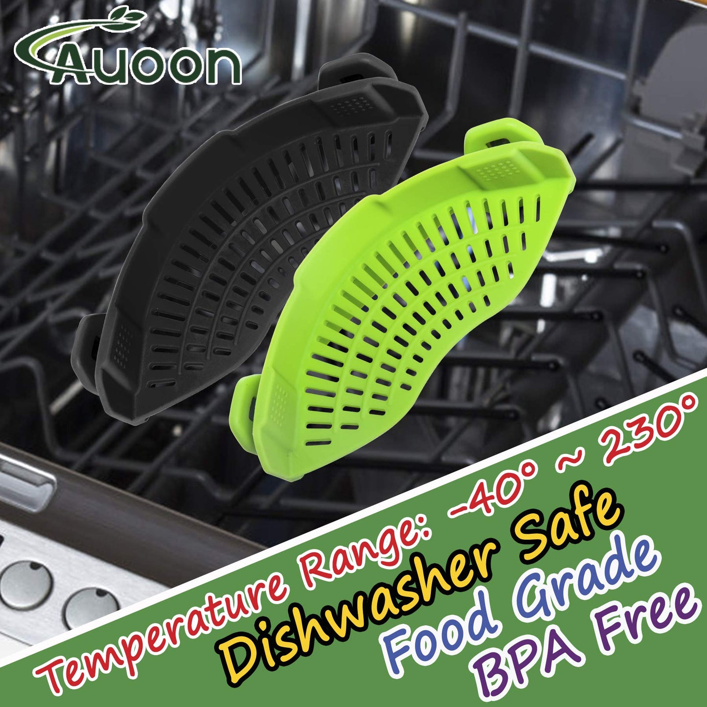 2PACK AUOON Clip on Strainer for All Pots Pans - Silicone Pasta Strainer Kitchen Colander for Draining Noodles Spaghetti Ground Beef Grease｜Easy to Use and Store, Dishwasher Safe (BlackGreen)