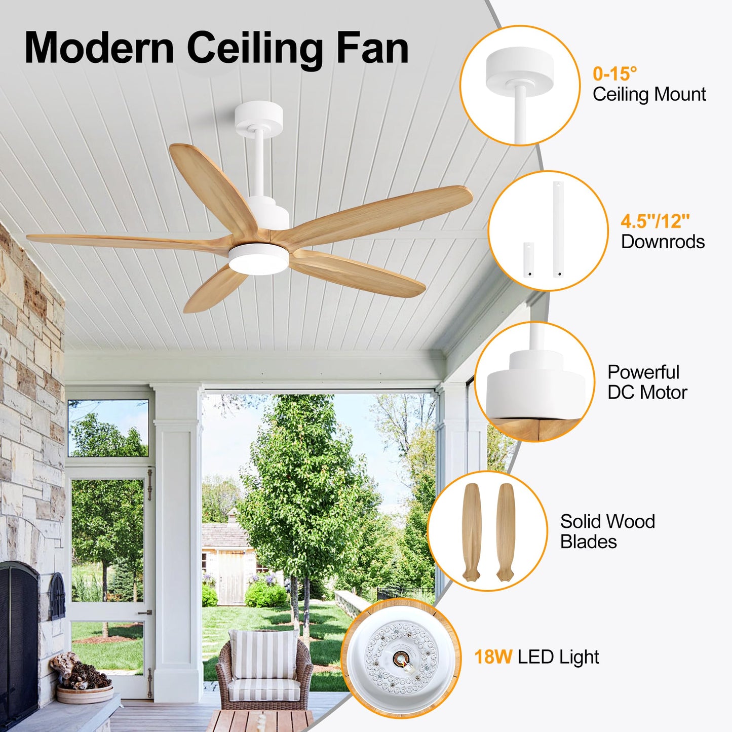 WINGBO 54" Ceiling Fan with Light - 5 Carved Solid Wood Blades, 6-Speed Reversible DC Motor, Dimmable, 3CCT, Noiseless Remote Control Ceiling Fans with Lights for Bedroom Living Room, White and Oak