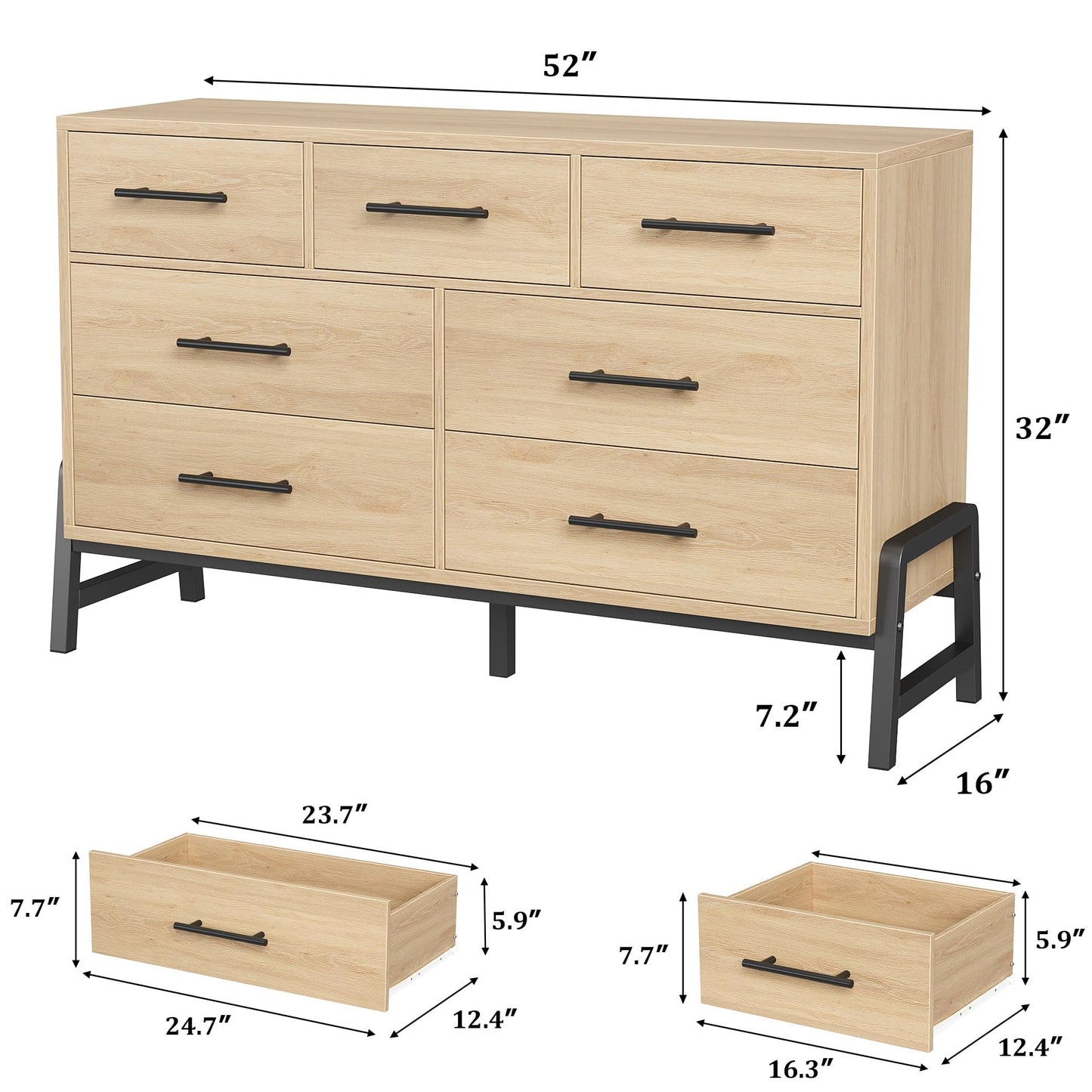 Garvee 7 Drawer Dresser, Freestanding 52 in Wide Drawer Dresser with Storage for Bedroom, Wooden Closet Storage Chest for Living Room, Natural Oak