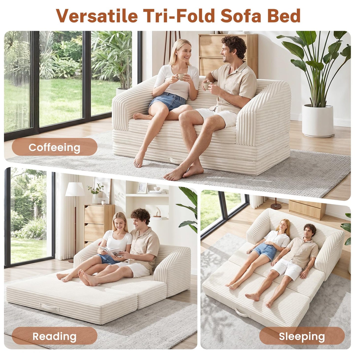 Convertible Boneless Loveseat Sleeper Sofa Bed, Folding Oversized Bean Bag Couch, Comfy Sofa Chairs for Adults with Filling, 54'' Futon Couch Bed, Beige
