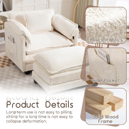 KEIKI Boucle Oversized Lounge Chair, Cozy Reading Chair with Storage & Ottoman, 40" W Modern Accent Chair W/Double Deep Cushion, Upholstered Armchair Seating for Living Room, Bedroom, Beige