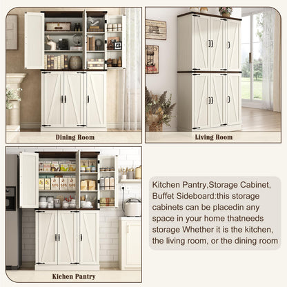 Hlivelood 71" Tall Kitchen Pantry,Farmhouse Storage Cabinet with Barn Doors,Organizer,Rustic Wood Cupboard,Farmhouse Pantry Cabinet for Kitchen,Dining Room,Living Room(Rustic White)