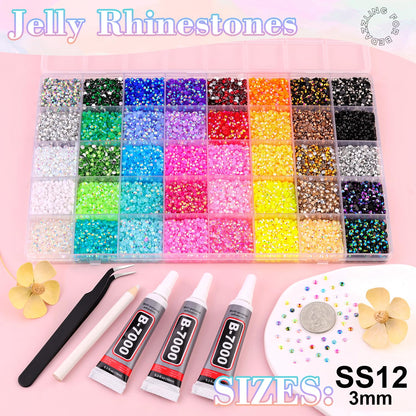 BELLEBOOST 45000Pcs 40 Colors Jelly Rhinestones Bedazzling kit, 3mm Multicolor Resin Flatback Gems for Diamond Art, Bedazzler Kit with 3Pcs 10ml B7000 Jewelry Glue for Crafting Book Shoes Nail Art