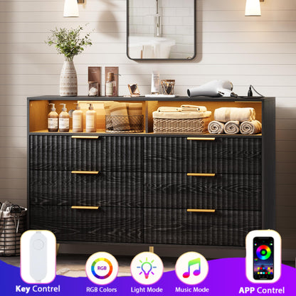 Garvee 53.9" Wide Luxury 6 Drawers Dresser with LED Lights & Charging Station, Curved Fluted Wood Chest of Drawers with Gold Handles, Modern Storage Cabinet for Bedroom Living Room, Black