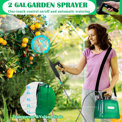 WYRJXYB Battery Powered Sprayer 2 Gallon, Upgrade Electric Garden Sprayer with 4 Mist Nozzles,USB Rechargeable Handle,31in Telescopic Wand,1 Glove,Portable Garden Sprayer for Yard Lawn Garden Watering